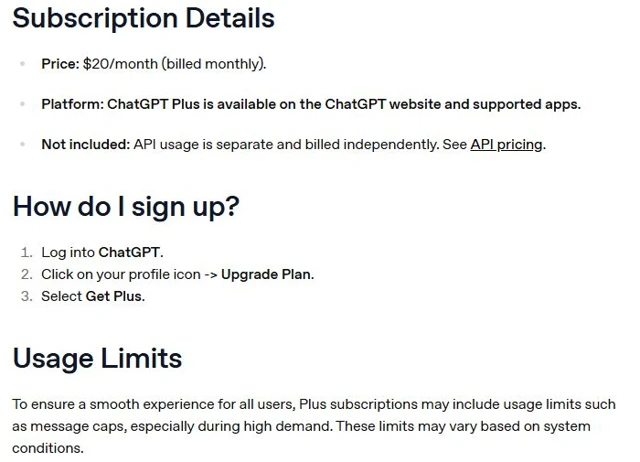 Официальная справка OpenAI: ChatGPT Plus стоит 20 долларов за месяц