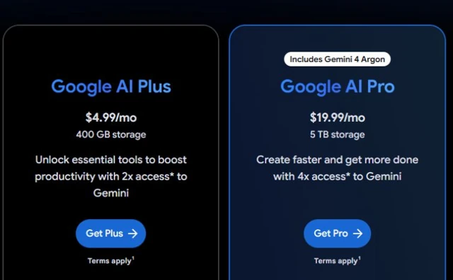Официальные цены Google в США: AI Plus 4,99 доллара и AI Pro 19,99 доллара в месяц
