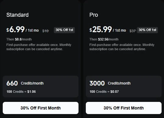 Официальная карточка Kling Standard: первый месяц 6,99 доллара, затем 8,80 доллара в месяц и 660 кредитов
