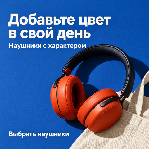 Рекламный макет: оранжевые наушники на синем фоне рядом с холщовой сумкой, заголовок Добавьте цвет в свой день
