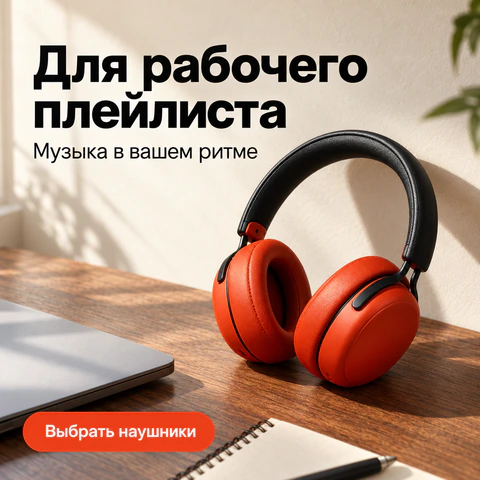 Рекламный макет: оранжевые наушники на столе рядом с ноутбуком, заголовок Для рабочего плейлиста и призыв Выбрать наушники