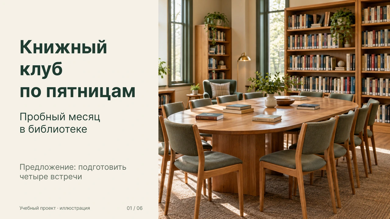 Книжный клуб по пятницам: предложение провести пробный месяц в библиотеке. На фото стол и книжные стеллажи.