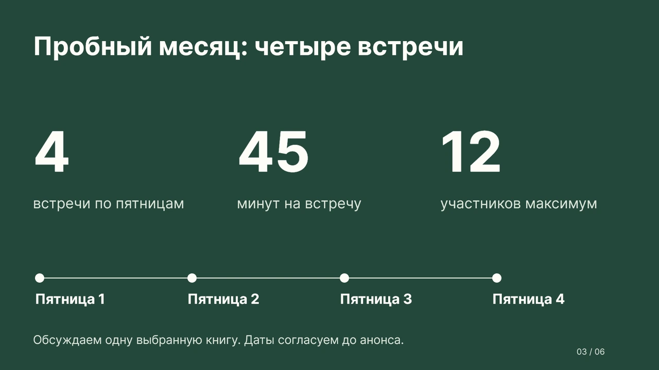 Формат: четыре встречи по пятницам, по 45 минут, до 12 участников.