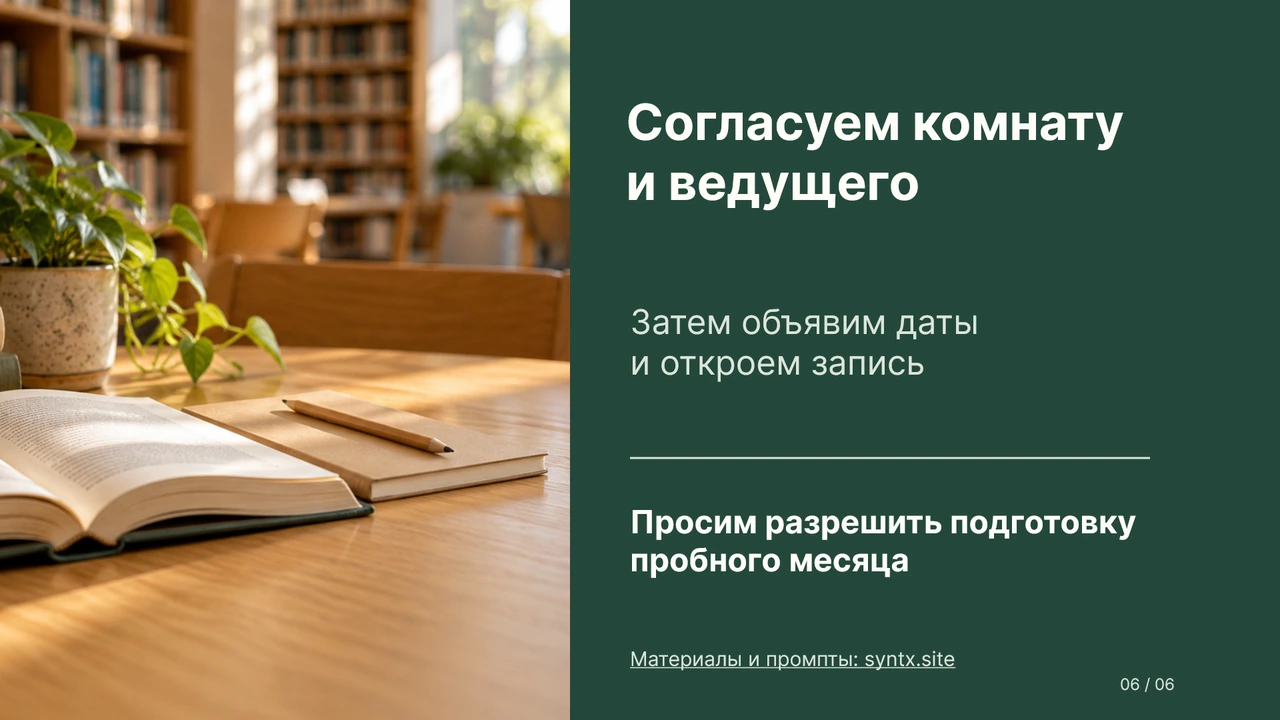Следующие шаги: согласовать комнату и ведущего, затем объявить даты. Предлагаем разрешить подготовку пробного месяца.