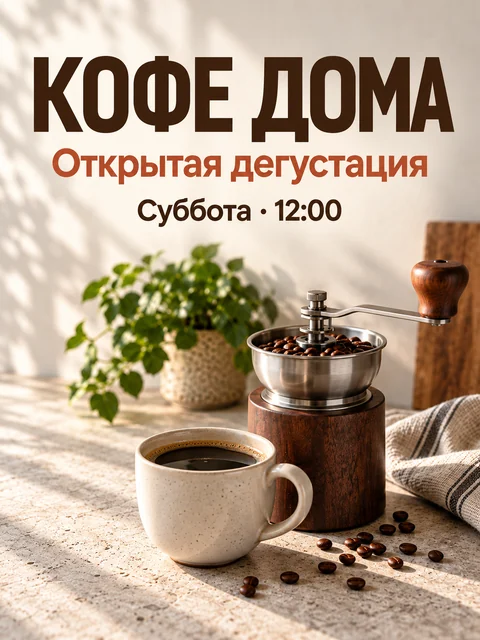 Вертикальная учебная афиша с чашкой и кофемолкой: КОФЕ ДОМА, Открытая дегустация, Суббота · 12:00
