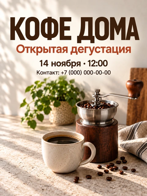 Учебная афиша КОФЕ ДОМА: Открытая дегустация, 14 ноября · 12:00, Контакт: +7 (000) 000-00-00